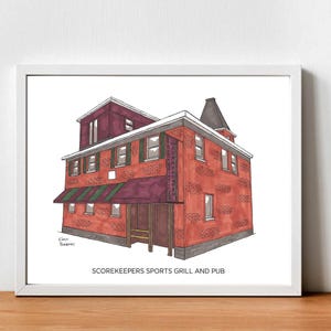 May include: A hand-drawn illustration of a red brick building with a brown awning. The building has a sign that reads "SCOREKEEPERS SPORTS GRILL AND PUB".