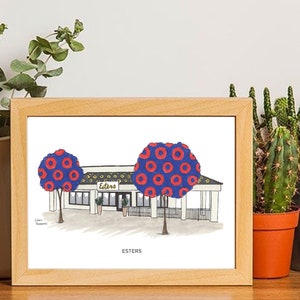 May include: A framed illustration of a building with a blue roof and white trim. The building has a sign that says "Esters". There are two trees with red and blue donut patterns on them. The illustration is titled "Esters" at the bottom.