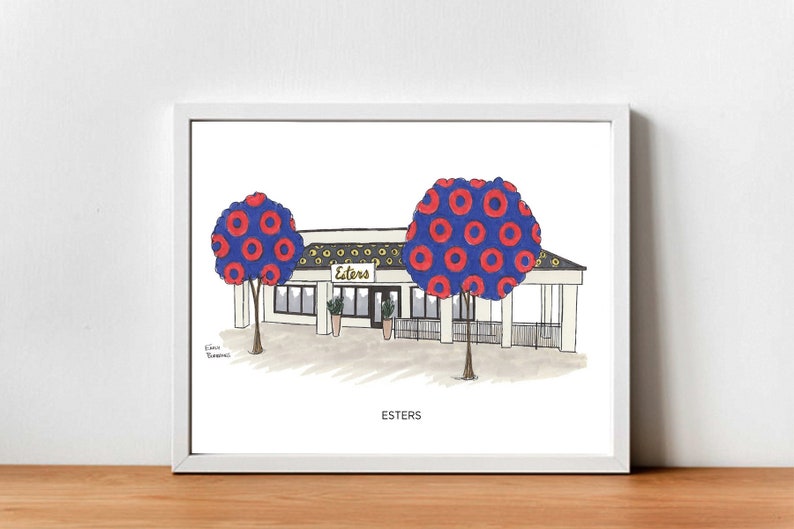 May include: A white framed illustration of a building with a sign that says "Esters" and two trees with red and blue donut-shaped leaves. The text "ESTERS" is below the building.