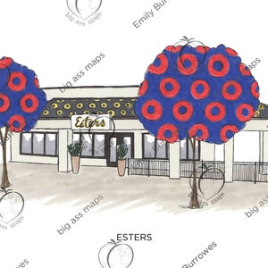 May include: A hand-drawn illustration of a restaurant called "Esters" with a white exterior and a yellow and black patterned awning. Two trees with blue and red circles are in front of the building.