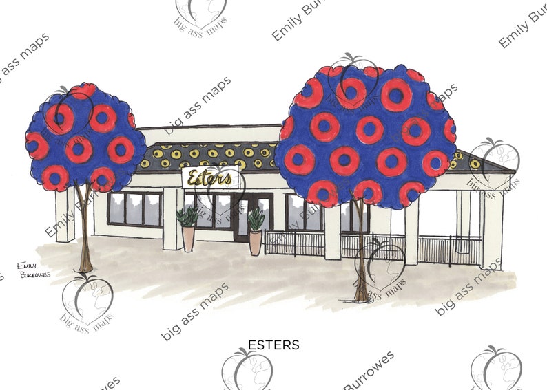 May include: A hand-drawn illustration of a restaurant called "Esters" with a white exterior and a yellow and black patterned awning. Two trees with blue and red circles are in front of the building.
