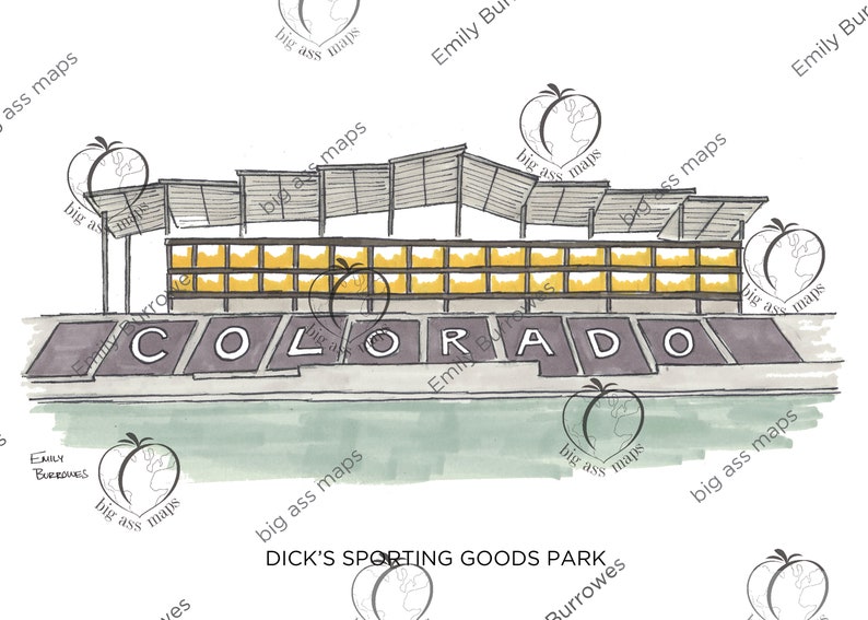 K&ouml;nnte beinhalten: Eine Aquarellillustration eines Stadions mit den Worten "COLORADO" in schwarzen Buchstaben auf dem Boden. Das Stadion hat ein gelbes und braunes Dach auf wei&szlig;em Hintergrund. Der Text "DICK'S SPORTING GOODS PARK" steht unter dem Stadion.