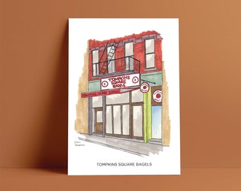 May include: A hand-drawn illustration of a red brick building with a green awning. The building has a sign that reads "Tompkins Square Bagels" with a red circle and a bagel on each side. The building has a fire escape and a large window.