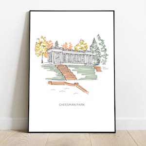 May include: A hand-drawn illustration of a building with a white facade and a green roof. The building is surrounded by trees and has a set of stairs leading up to the entrance. The text "CHEESMAN PARK" is written below the building.