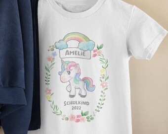 Schulkind Shirt mit Einhorn Motiv | Personalisiertes Kinder T-Shirt zur Einschulung | Geschenk zum 1. Schultag
