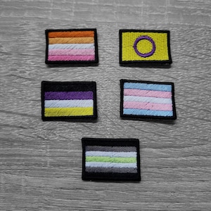 Könnte beinhalten: Fünf gestickte Patches, die verschiedene Pride-Flaggen darstellen. Die Patches sind gelb, lila, schwarz, weiß und grau mit verschiedenen farbigen Streifen.