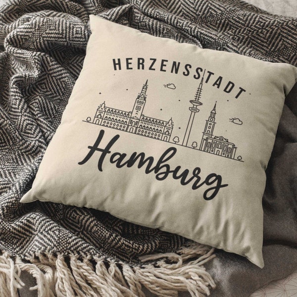 Herzensstadt Hamburg | Modernes Statement Kissen mit Sehenswürdigkeiten | 40x40cm Fair Trade Dekokissen mit Wahrzeichen | Geschenk zum Umzug