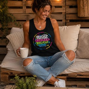 Damen Tank Top.Reuse Reduce Recycle, Nachhaltigkeit Shirt, Umwelt Top, Sommer Tank mit Recycling Design Eco Recycling Sustainability Shirt