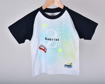 Handbemaltes Kinder T-Shirt 98/104cm, Kindergeburtstags T-Shirt, Design  2, Stern in Neonfarbe Feuerwehr