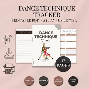 May include: Printable PDF dance technique tracker with 17 pages. The cover features a minimalist design with a couple dancing. The tracker includes sections for daily practice, weekly goals, and notes.