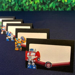 Etiquetas de comida de Transformers Rescue Bots, tarjeta de lugar de Transformers, tarjeta de tienda de Transformers, etiquetas de Transformers, decoraciones de fiesta de Rescue Bots