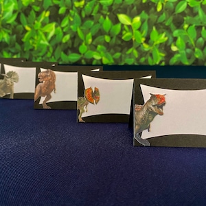 Etiquetas de comida Jurassic Park, cartões de lugar Jurassic Park, cartão de barraca Jurassic Park, etiqueta Jurassic Park, decoração de aniversário de dinossauro, festa de dinossauro
