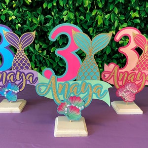 Mermaid Birthday Centerpiece: Gold Glitter Tail, Custom Name & Age