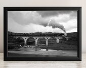 Wall Decor by HAHNEMUHLE on a Steam Train. A Steam Locomotive With Authentic Retro Wagons Runs on an Old Bridge With Arches.