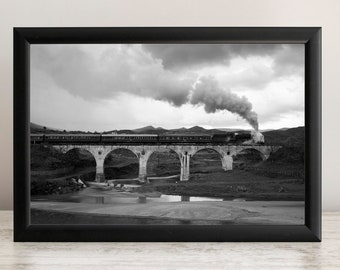 Décor mural par HAHNEMUHLE sur un train à vapeur. Une locomotive à vapeur avec d’authentiques wagons rétro circule sur un vieux pont avec des arches.