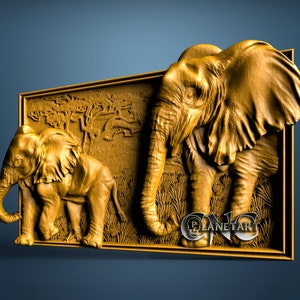 Elephants walking out frame, 3D STL Model, CNC Router Engraver, Artcam, Aspire, CNC files, Wood, Art, Wall Decor, Cnc image 1