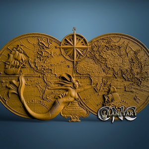 Carte du monde de sirène, modèle 3D STL, graveur de routeur CNC, Artcam, Aspire, fichiers CNC, bois, art, décoration murale, CNC