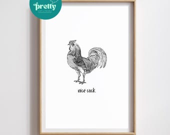 Lámina artística de gallo divertido – Humor para el baño, decoración del hogar