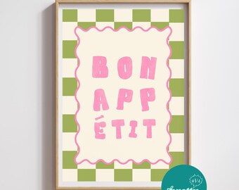 Lámina decorativa Bon Appétit para la cocina - Arte en rosa y verde, decoración del hogar