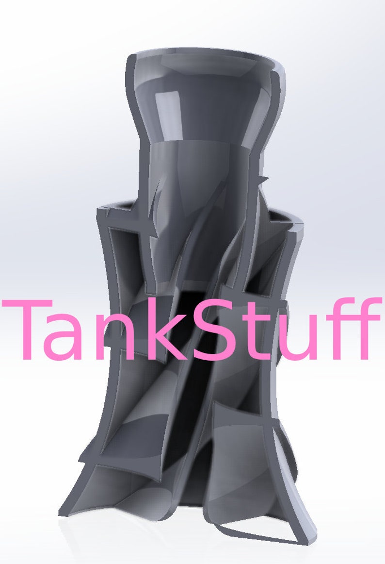 May include: A gray, abstract, geometric, 3D printed vase with a unique, twisted design. The vase is made of a smooth, plastic-like material. The vase is empty and has a wide opening at the top.