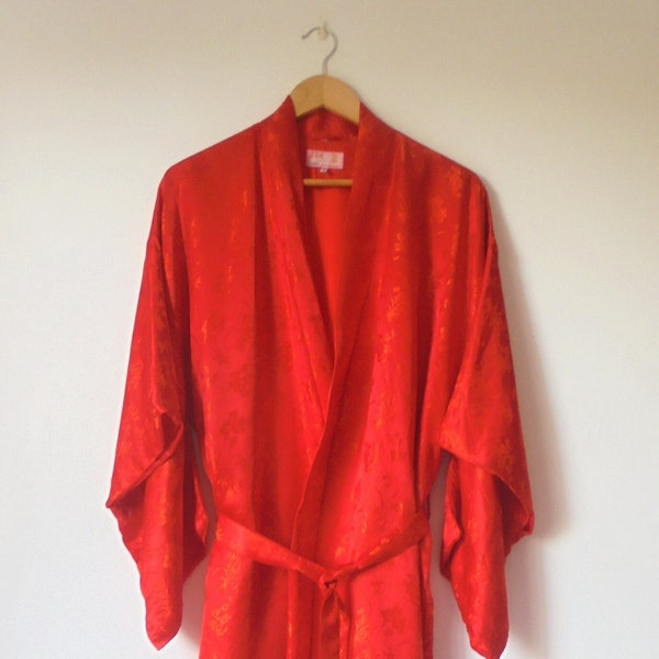 Longevity Vintage Oriental 100% Pure Silk Chinese Robe Sz Large Bright Red, Stylish Rare Collectable Tie Gown