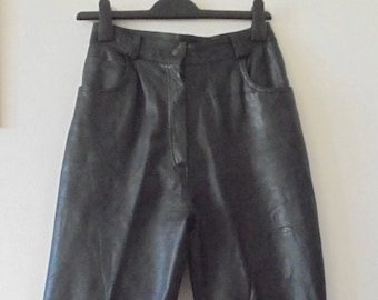 80s High Waisted Black Leather Trousers Womens Sz 12 Made In England By FUTURIA Rare Collectable High Quality; Disco Retro Top Of The Pops