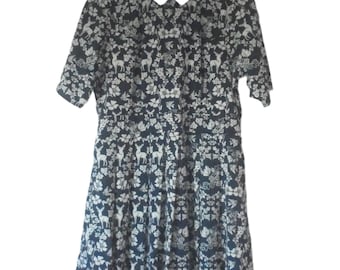 Retro Yumi Dress Blue Forest Print, Reindeer Birds, Holly -White Collar- Fit & Flare, Vintage Style UK 16