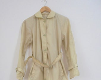 BHS 1960s Vintage Nylon Raincoat Rare Retro Sz12 Pale Green /Beige Stylish Chic Geek, Belted With Pale Green Buttons,Festival Street Stylish