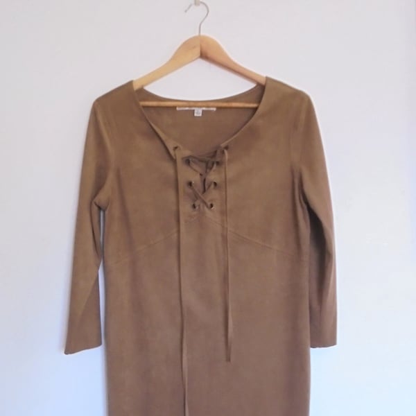 Western Suede Look Dress Size L, Stylish Boho Festival Clothing, Fake Suede Fabric, Criss Cross Front Tassels, Raw Hem Stitching Effect,