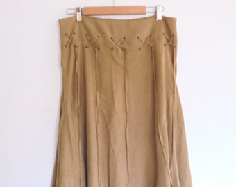 Vintage Y2K Zara Tan Faux Suede Festival Skirt – Tassel Fringe Boho Style, UK 12 US 8