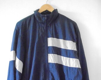 80s Vintage Hip Hop Shell Suit Mens Jacket Sports Wear, Blue Off White High Zip Cool Retro Gym Casual Dad Wear On-Trend Track Training