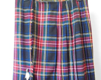 Vintage Wool Kilt Skirt – 1980s Plaid, Lucky Rabbit Charm (UK 16)