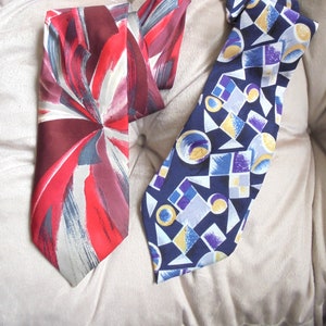 Art Deco Pure Silk Ties x 2 Vintage Retro Geometric Da Vinci, Pica Sador, Dual Collection Reds Blues Stylish,Business,Wedding, Holiday, Prom