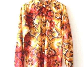 Floral Western Shirt, 70s Orange Brown, Embroidered, Crail USA Size M