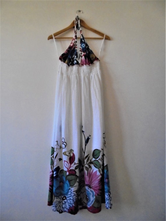 Cottagecore Dress 70s Boho Maxi Halter Neck White… - image 1