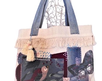 Handmade Boho Shoulder Bag, Sashiko Embroidered Textile Tote, Recycled Denim Handles, One of a Kind Festival Bag