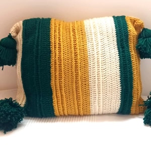 Cojín retro de ganchillo de 53 x 38 cm – Amarillo, verde y crema, borlas grandes – Estilo años 70, cojín de lana acrílica, decoración hecha a mano