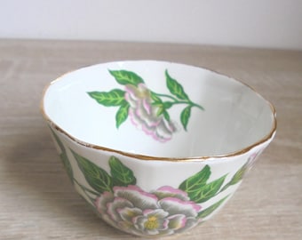 Azucarero vintage de porcelana Clarence Bone China con borde dorado floral / Plato para joyas estilo cottagecore / Porcelana romántica rosa y morada / Azucarero pequeño abierto