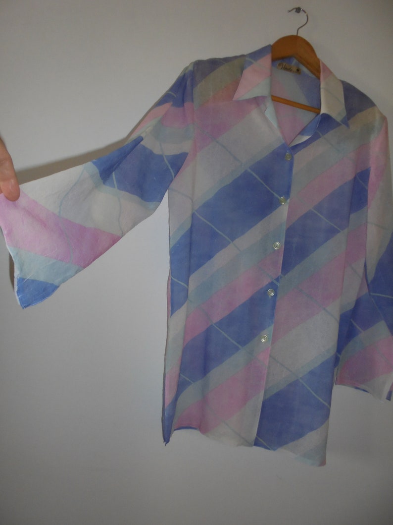 80s Retro Shirt Vinda Design,Pink Baby Blue White Green ,Stunning power dressing, Holiday fresh colour, Pop Disco vibe,Shoulder pads Buttons image 4
