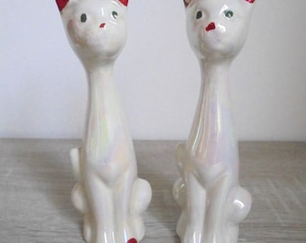 Vintage Siamese Cat Figurines Pair, 1950s Pearl Glaze Ceramic Cats (Mid-Century Decor)