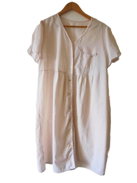 Vintage Candy Stripe Cotton Nightdress: 80s Lace Trim Smock