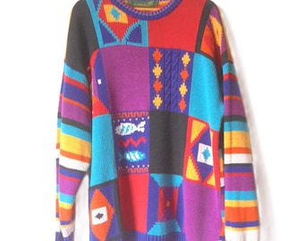 Vintage Ramie Cotton Jumper Size L, Abstract Geometric Knit Sweater, Oversized Bright Pattern