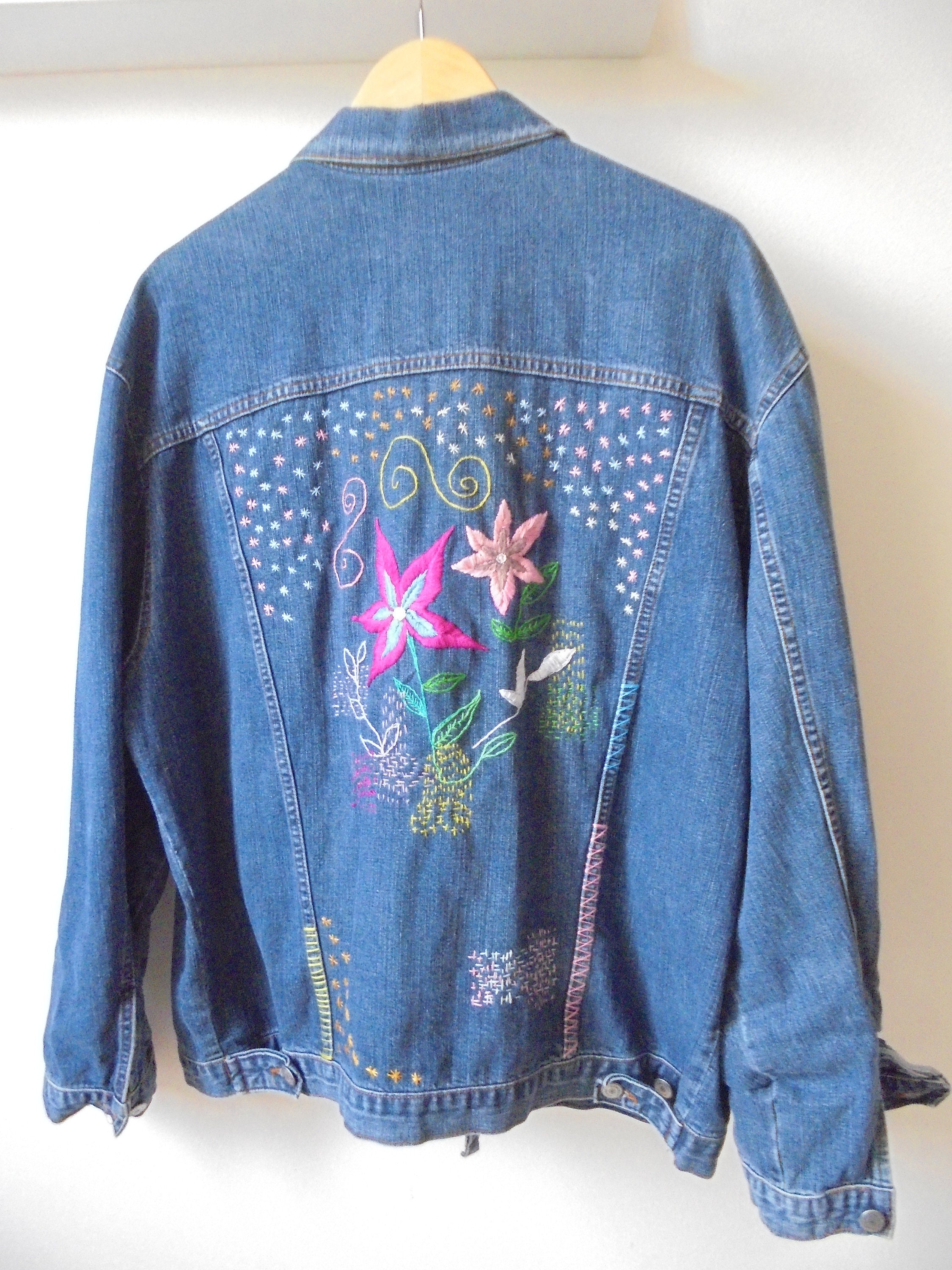 80s Denim Jacket Embroidered Back / Hand Stitched 80s Baggy | Etsy