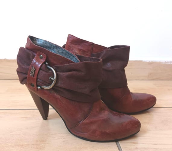 Miss Sixty Red Leather Ankle Boots Y2K Tie Dye Effect Buckle Heel - UK5 EU38