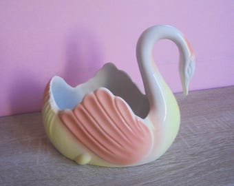 Vintage Ceramic Swan Planter, 80s Collectible, Peach & Yellow Decor