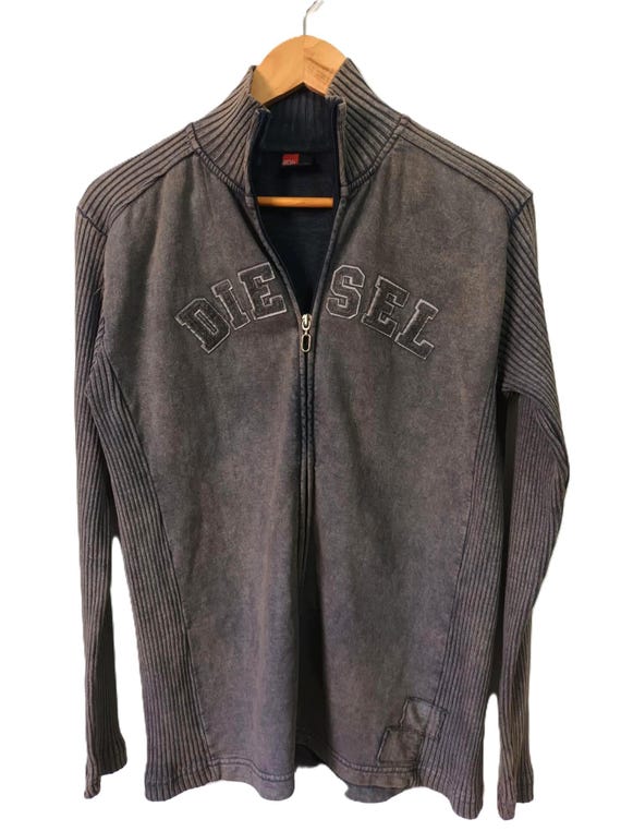 トップス DIESEL zip-up jacket Y2K Diesel Grey Zip up Jacket – Y2K 90s Distressed Logo Sweatshirt