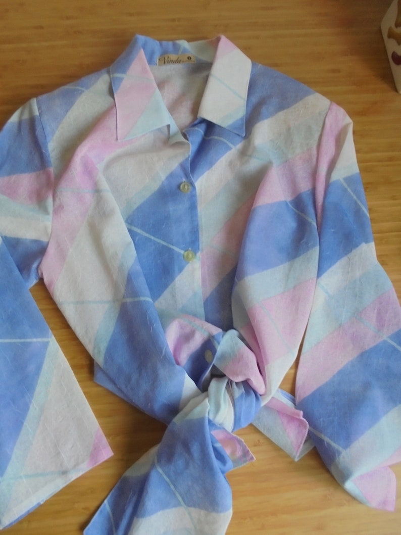 80s Retro Shirt Vinda Design,Pink Baby Blue White Green ,Stunning power dressing, Holiday fresh colour, Pop Disco vibe,Shoulder pads Buttons image 3