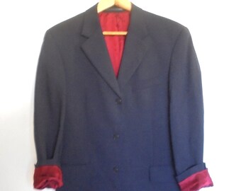 Vintage Pierre Cardin Wool Jacket, Blue with Red Lining, 80s Collectible