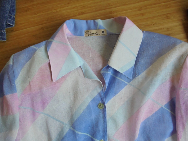 80s Retro Shirt Vinda Design,Pink Baby Blue White Green ,Stunning power dressing, Holiday fresh colour, Pop Disco vibe,Shoulder pads Buttons image 8