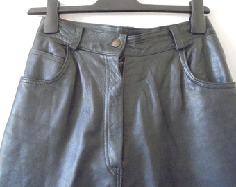 Vintage 80s Black Leather High-Waisted Trousers – Futuria England, Disco Rocker Style (UK 12)